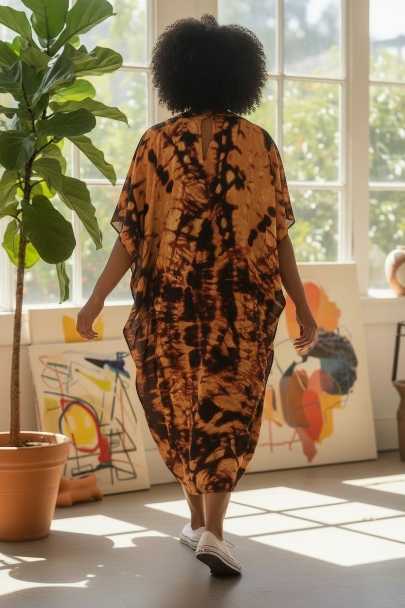 Abstract Tie-Dye V-Neck Kaftan Dress
