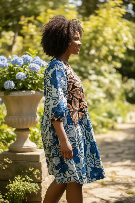 Blue and Copper Floral Puff-Sleeve