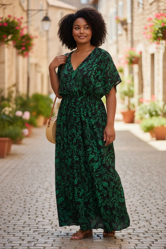 Tropical Leaf V-Neck Maxi Dress