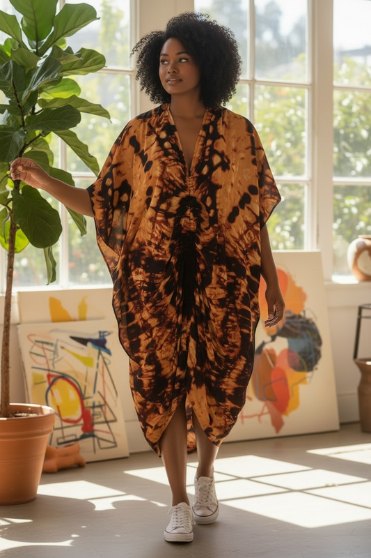 Abstract Tie-Dye V-Neck Kaftan Dress