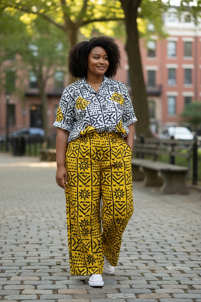 African Two-Piece Set: Yellow and Black Sun Pattern