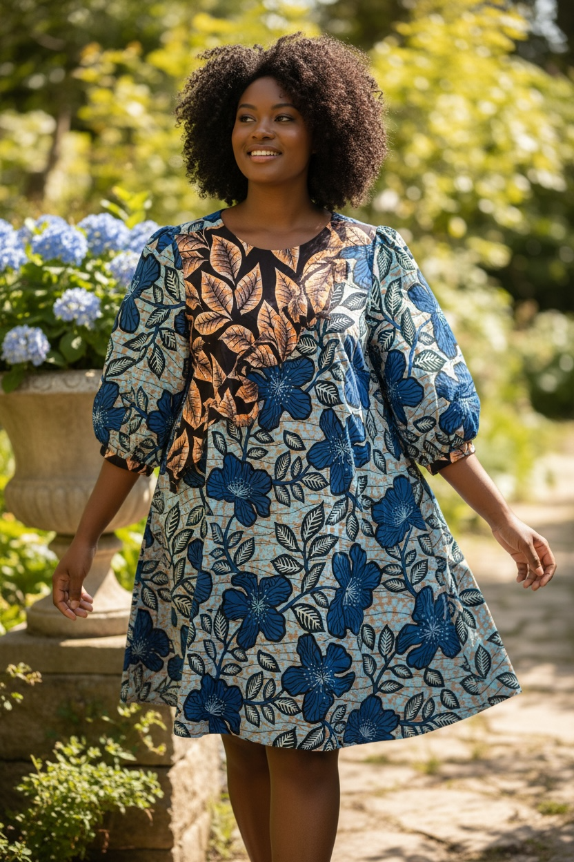 Blue and Copper Floral Puff-Sleeve